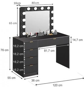 SEN22 - Set Masa toaleta cu riflaje, 120 cm, cosmetica, masuta machiaj, oglinda cu LED, cu sau fara scaun - Alb sau Negru