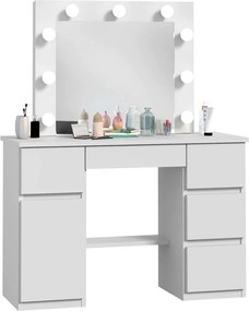 Masuta machiaj cu Oglinda LED si 5 Sertare pentru Cosmetice, Set Masa toaleta 120 cm, Alb, masuta cosmetica, vanity - SEA546