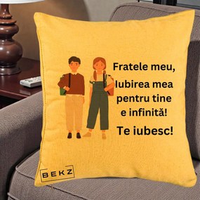 Cadou pentru Frate - Perna Personalizata Fratele Meu Te Iubesc Elevi Ilustratie Colorata, 40x40 cm, Galben, Husa Detasabila, Perna Inclusa, BEKZ®