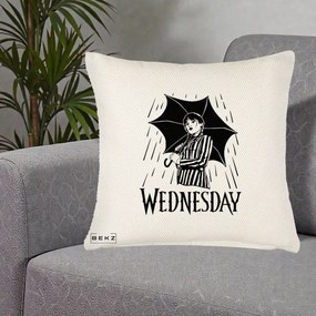 Perna Personalizata Wednesday cu Umbrela Ploaie Lineart, 40x40 cm, Crem Reliefat, Husa Detasabila, Perna Inclusa, BEKZ®