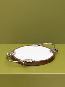 Platou decorativ din lemn de mango cu mânere din aluminiu argintiu și detalii florale, formă rotundă, 3 × 45 × 30 cm, „Silva"