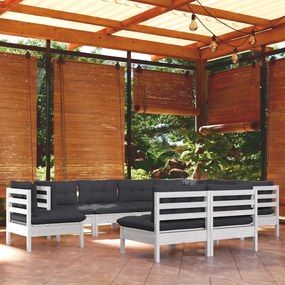 vidaXL Set mobilier de grădină cu perne, 9 piese, alb, lemn masiv pin