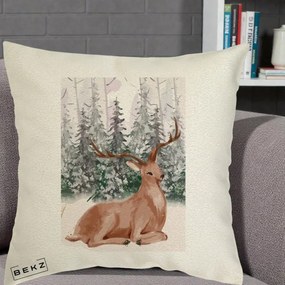 Perna Decorativa Ren in Padure Roz Moale, 40x40 cm, Ecru, Husa Detasabila, Perna Inclusa, BEKZ®