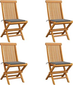 vidaXL Scaune de grădină cu perne gri, 4 buc., lemn masiv de tec