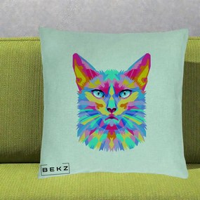 Perna Decorativa Pisica Pop Art Multicolor, 40x40 cm, Verde Menta, Husa Detasabila, Perna Inclusa, BEKZ®