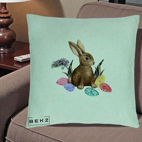 Perna Decorativa Iepuras cu Oua de Pasti Acuarela, 40x40 cm, Verde Menta, Husa Detasabila, Perna Inclusa, BEKZ®