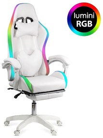 Scaun gaming cu iluminare RGB si suport pentru picioare OFF 298 alb