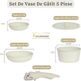 Set oale și tigăi cu mâner detașabil Goldmann GM-1005, 5 piese, Inducție, Finisaj marmură, Bej