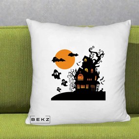Perna Decorativa Halloween Casa Bantuita cu Fantome, 40x40 cm, Alb Pufos, Husa Detasabila, Perna Inclusa, BEKZ®