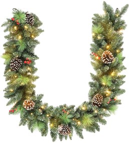 HOMCOM Ghirlandă de Crăciun 183 cm cu Crengi Înzăpezite și 30 de Lumini Albe, Conuri și Boabe pentru Interioare | Aosom Romania