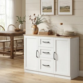 HOMCOM Bufet pentru living, mobilier de depozitare cu 2 uși cu închidere silențioasă și 3 sertare, 110x35x80,4cm, alb și lemn natural | Aosom Romania