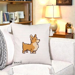 Perna Personalizata Corgi Pixel Art, 40x40 cm, Bej cu Franjuri, Husa Detasabila, Perna Inclusa, BEKZ®