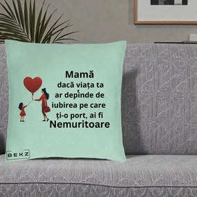 Cadou pentru Mama - Perna Personalizata Mama Nemuritoare cu Bebelus Kawaii, 40x40 cm, Verde Menta, Husa Detasabila, Perna Inclusa, BEKZ®