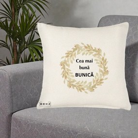 Cadou pentru Bunica - Perna Personalizata Cea Mai Buna Bunica Coronita Frunze Acuarela, 40x40 cm, Crem Reliefat, Husa Detasabila, Perna Inclusa, BEKZ®