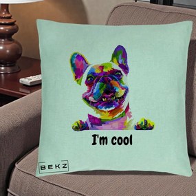 Perna Personalizata Bulldog Francez I'm Cool, 40x40 cm, Verde Menta, Husa Detasabila, Perna Inclusa, BEKZ®