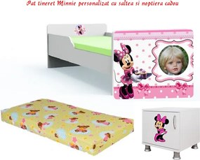 Pat tineret Minnie personalizat 2 cu saltea si noptiera cadou