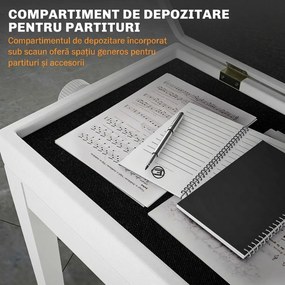 Scaun de Pian HOMCOM Reglabil cu Compartiment de Depozitare și Scaun Imbunătățit, 54.5x33x48-58 cm, Alb | Aosom Romania