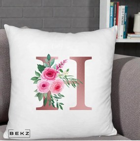 Cadou Personalizat - Perna Personalizata Monograma Rose Gold Litera H, 40x40 cm, Alb Pufos, Husa Detasabila, Perna Inclusa, BEKZ®