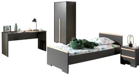 Set LONDON în culoarea antracit format dintr-un Pat copii (90x200) cu noptieră, Dulap camera copii cu 2 uși și birou.