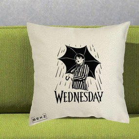Perna Personalizata Wednesday cu Umbrela Ploaie Lineart, 40x40 cm, Ecru, Husa Detasabila, Perna Inclusa, BEKZ®