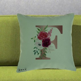 Cadou Personalizat - Perna Personalizata Monograma Rose Gold Litera F, 40x40 cm, Verde, Husa Detasabila, Perna Inclusa, BEKZ®