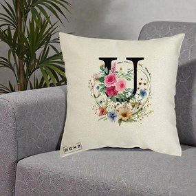 Cadou Personalizat - Perna Personalizata Monogram Litera U cu Flori Acuarela, 40x40 cm, Ecru, Husa Detasabila, Perna Inclusa, BEKZ®