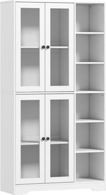 HOMCOM Dulap de bucătărie cu uși din sticlă, rafturi, polițe deschise, 172 cm înălțime, MDF, Alb | Aosom Romania