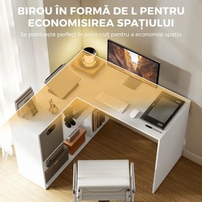 HOMCOM Birou Colțar pentru Computer, 110x100 cm, Birou în Formă de L cu Raft și Sertar din Material Textil, Masă pentru PC pentru Dormitor, Birou și Studio, Alb | Aosom Romania