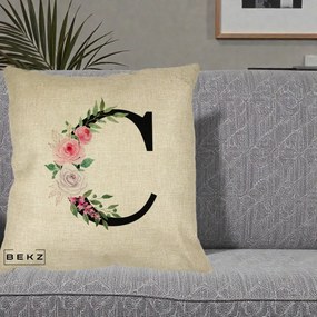 Cadou Personalizat - Perna Personalizata Monograma Florala Litera C, 40x40 cm, Crem, Husa Detasabila, Perna Inclusa, BEKZ®