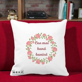 Cadou pentru Bunica - Perna Personalizata Cea Mai Buna Bunica Coronita Trandafiri Roz Clasic, 40x40 cm, Alba Mata, Husa Detasabila, Perna Inclusa, BEKZ®