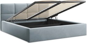 Pat matrimonial albastru deschis tapițat din catifea cu spațiu de depozitare cu somieră 140x200 cm Hiko – Makamii