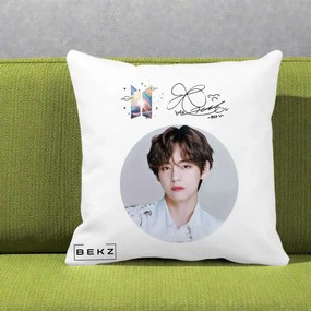 Perna Personalizata K-pop BTS V Taehyung Portret Cerc Autograf, 40x40 cm, Alba Mata, Husa Detasabila, Perna Inclusa, BEKZ®