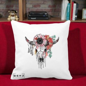Perna Decorativa Craniu Boho Floral, 40x40 cm, Alba Mata, Husa Detasabila, Perna Inclusa, BEKZ®