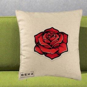 Perna Decorativa Trandafir Rosu Tattoo, 40x40 cm, Bej, Husa Detasabila, Perna Inclusa, BEKZ®