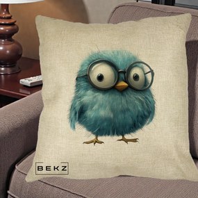 Perna Decorativa Pui Pufos Teal cu Ochelari, 40x40 cm, Crem, Husa Detasabila, Perna Inclusa, BEKZ®