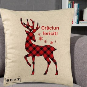 Perna Decorativa Ren Tartan Craciun Fericit, 40x40 cm, Bej, Husa Detasabila, Perna Inclusa, BEKZ®