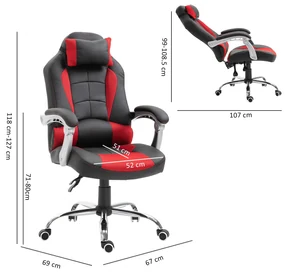 HOMCOM Scaun Gaming Ergonomic cu Inclinare Suport Lombar Tetieră Piele Ecologică Roșu Negru | Aosom Romania