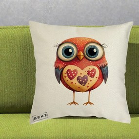 Perna Decorativa Bufnita Rosie cu Inimi Aurii, 40x40 cm, Ecru, Husa Detasabila, Perna Inclusa, BEKZ®