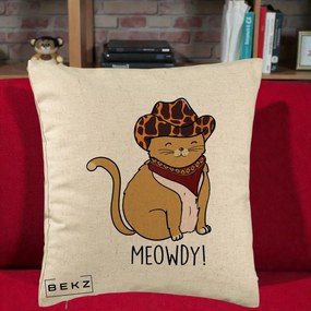Perna Decorativa Pisica Cowboy Meowdy, 40x40 cm, Bej, Husa Detasabila, Perna Inclusa, BEKZ®