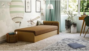 Pat galben ocru/maro tapițat/din placă aglomerată de lemn cu spațiu de depozitare cu saltea 80x190 cm Parys – ELTAP