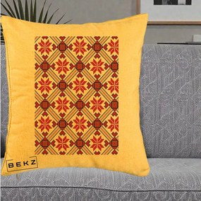 Perna Personalizata Motiv Traditional Ie Romaneasca Rosu, 40x40 cm, Galben, Husa Detasabila, Perna Inclusa, BEKZ®