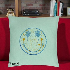 Perna Decorativa Smiley Face Tropical Albastru Glitter si Portocaliu, 40x40 cm, Verde Menta, Husa Detasabila, Perna Inclusa, BEKZ®