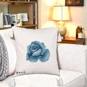 Perna Decorativa Trandafir Albastru Acuarela, 40x40 cm, Bej cu Franjuri, Husa Detasabila, Perna Inclusa, BEKZ®