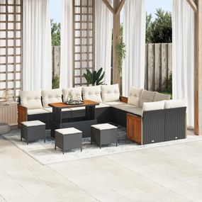 Set de sofa de grădină vidaXL 14 piese cu perne negre din poliratan de acacia