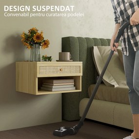HOMCOM Set de 2 Noptiere Plutitoare, Noptiere cu Sertar din Ratan și Raft Deschis pentru Dormitor, 40x34x23 cm, Lemn Natural | Aosom Romania