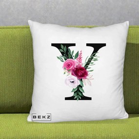 Cadou Personalizat - Perna Personalizata Monograma Florala Litera Y cu Buchet, 40x40 cm, Alb Pufos, Husa Detasabila, Perna Inclusa, BEKZ®
