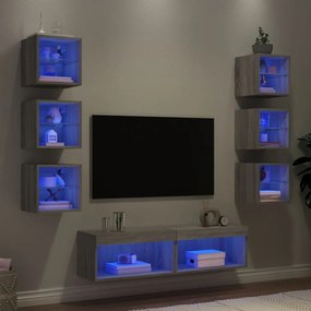 Unitati de perete TV cu LED-uri, 8 piese, gri sonoma, lemn