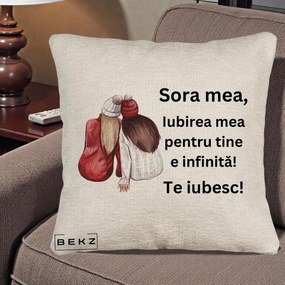 Cadou pentru Sora - Perna Personalizata Sora Mea Te Iubesc Doua Fete Iarna Acuarela, 40x40 cm, Bej Canapea, Husa Detasabila, Perna Inclusa, BEKZ®