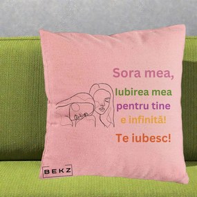 Cadou pentru Sora - Perna Personalizata Sora Mea Te Iubesc Line Art Fete Colorate Brate Ridicate, 40x40 cm, Roz, Husa Detasabila, Perna Inclusa, BEKZ®