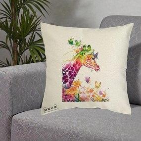 Perna Decorativa Girafa Curcubeu Acuarela, 40x40 cm, Ecru, Husa Detasabila, Perna Inclusa, BEKZ®